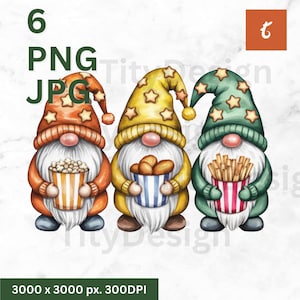 Bunter Sternzwerg-Trio mit Snacks - niedliche digitale Illustration für Wohnkultur, Drucke und Geschenke, Fast Food Wichtel Clipart PNG, 6 Bilder