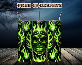 Glow in The Dark Skull Tumbler Wrap | Green Neon Halloween Skull PNG | Spooky Sublimation Design | Digital Download