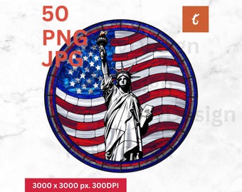 50 Patriotic Stained Glass Clipart - American Flag PNG Bundle - Independence Day Digital Download - USA Themed Sublimation Graphics