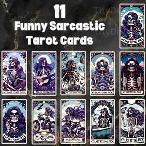 Carta de tarô sarcástica engraçada - 11 clipart de esqueleto de bruxa suado - A última foda voadora Cartas de tarô engraçadas - Carta de tarô atrevida - Lady Skull