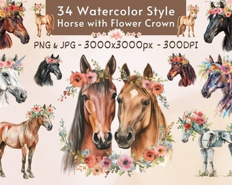 34 Watercolor Floral Horse clipart - Horses with Flower Crown Sublimation - Boho png jpg Wall Art Card Making Animal Digital Download