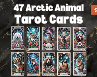 May include: A set of 47 tarot cards featuring illustrations of Arctic animals, such as a polar bear, a caribou, a grizzly bear, and a coyote. Each card has a colorful background with flowers and stars.