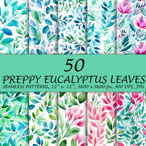 Preppy patroon met eucalyptusbladeren - 50 groene bladeren digitaal papier - naadloze aquarel zachte bladeren - eucalyptusgroen - botanisch