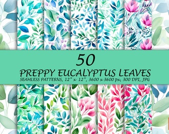 Patrón de hojas de eucalipto de muy buen gusto - Papel digital de 50 hojas verdes - Hojas suaves de acuarela sin costuras - Vegetación de eucalipto - Botánico