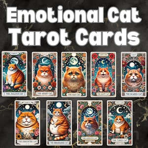 Emotional Cat Tarot Card - 9 Funny Orange Cat Tarot Card - Cat Emotes - Fat Cat Lover - Jealous Angry Scared Cat - Happy Cat - Embarrassed