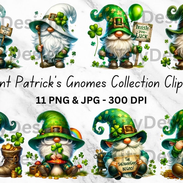 11 Watercolor Saint Patrick Gnomes Clipart - Lucky Green Shamrock Clover Sublimation Design Bundle - JPG PNG Digital Instant Download