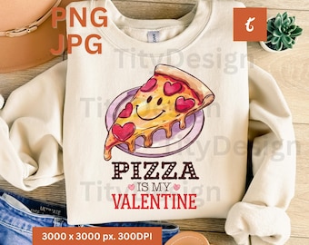 May include: A white t-shirt with a graphic of a pizza slice with hearts for toppings. The text "Pizza is my Valentine" is printed below the pizza.