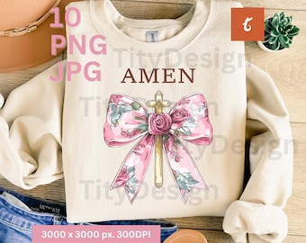 Christian Floral Bow PNG - Faith Cross Sublimation, Amen Bible Verse Clipart, Religious Digital Download, Vintage Floral Christian T-Shirt