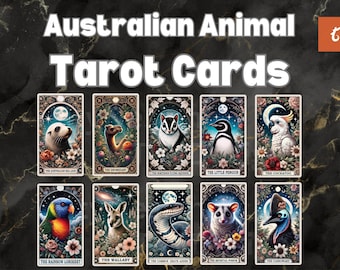Könnte beinhalten: Ein Set mit 10 Tarotkarten mit australischen Tieren. Jede Karte zeigt eine farbenfrohe Illustration eines Tieres, wie z. B. einen Kookaburra, einen Wallaby und einen Pinguin, mit einem Namen und einer Beschreibung darunter. Die Karten sind im Vintage-Stil mit verzierten Rändern und einem dunklen Hintergrund gestaltet.