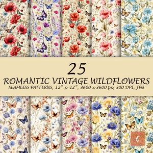 Romantic Wildflowers Seamless Pattern - 20 Wildflower Pattern Bundle - Spring Flower Pattern - Boho Scrapbook - Digital Paper