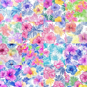 Puede incluir: Un patr&oacute;n sin costuras con flores de hibisco coloridas y hojas tropicales. Las flores son en tonos de rosa, rojo, azul y amarillo, y las hojas son verdes y azules. El patr&oacute;n es perfecto para crear un ambiente tropical en cualquier espacio.