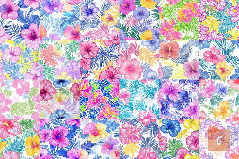 Puede incluir: Un patr&oacute;n sin costuras con flores de hibisco coloridas y hojas tropicales. Las flores son en tonos de rosa, rojo, azul y amarillo, y las hojas son verdes y azules. El patr&oacute;n es perfecto para crear un ambiente tropical en cualquier espacio.