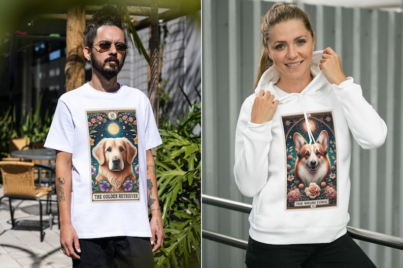 May include: White t-shirt and hoodie featuring illustrations of dogs with the text "The Golden Retriever" and "The Welsh Corgi" on them.