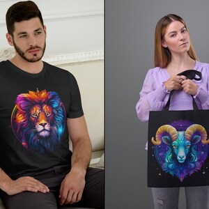 May include: A black t-shirt with a colorful lion head graphic and a black tote bag with a colorful ram head graphic.