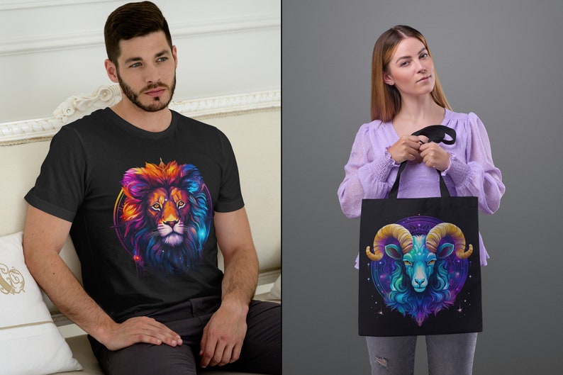 May include: A black t-shirt with a colorful lion head graphic and a black tote bag with a colorful ram head graphic.
