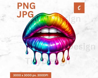 Rainbow Lips PNG - LGBTQ Kiss Lips Design - Dripping Lip Clipart - Colorful Lips Sublimation - Colors Oozing - Lips and Cherries LGBT