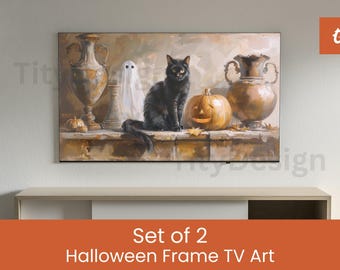 Arte de TV com moldura de Halloween - Gato preto fantasma e abóbora - Design de Halloween de outono - Arte de TV com moldura Samsung - Estilo vintage assustador - Óleo texturizado