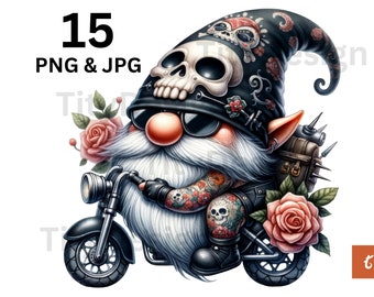 15 Biker Gnome Clipart - American Motorcycle Tattoo Gnomes Sublimation Design Bundle - JPG PNG Printable Digital Instant Download