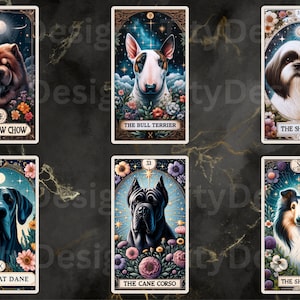 May include: Tarot card deck featuring illustrations of different dog breeds. Each card has a dog breed name and a Roman numeral. The cards are set against a dark background with a marble pattern.
