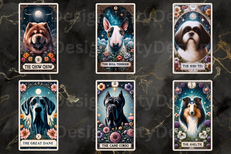 May include: Tarot card deck featuring illustrations of different dog breeds. Each card has a dog breed name and a Roman numeral. The cards are set against a dark background with a marble pattern.