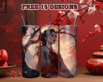 3D Chinese Girl 20 oz Tumbler Wrap, Seamless Beautiful Asian Girl Clipart PNG, Ancient Princess Skinny Sublimation Design, Instant Download
