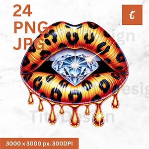 Labios de diamante con diseño de leopardo en acuarela - Sublimación de labios con beso de purpurina dorada goteando - Labios brillantes Png - Ilustración glamorosa transparente
