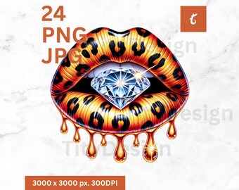 Watercolor Leopard Diamond Lips Clipart - Dripping Gold Glitter Kiss Lip Sublimation PNG - Glossy Lips Png - Transparent Glam Illustration