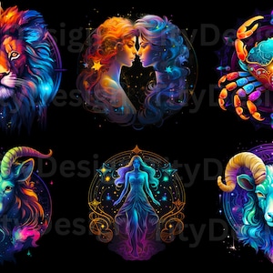 May include: A set of six colorful zodiac signs, each with a different animal symbol. The signs are arranged in a grid pattern and are set against a black background. The signs are: Leo, Gemini, Cancer, Capricorn, Virgo, and Aries.
