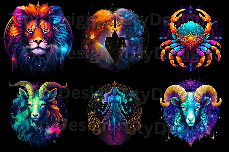 May include: A set of six colorful zodiac signs, each with a different animal symbol. The signs are arranged in a grid pattern and are set against a black background. The signs are: Leo, Gemini, Cancer, Capricorn, Virgo, and Aries.