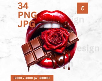 Valentine Lips Clipart Bundle - Dripping Red Lips with Heart, Rose, and Romantic Elements - Gothic Valentine Graphics - Glossy Lips Png