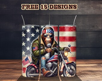 Bigfoot with sunglasses and an American Flag Tumbler Wrap - Bigfoot Biker Tumbler Wrap - Sublimation Vintage Design - 20 30 oz - 4th of July