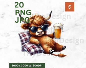 Highland Cow PNG Bundle - Cute Beer Relaxing Cow Clipart, Funny Farm Animal Sublimation for Stickers, Mugs, Shirts, and Crafts - Summer