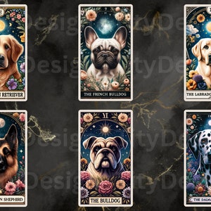 May include: A set of tarot cards featuring different dog breeds. Each card has a dog breed with a floral background and a moon and stars in the sky. The cards are numbered 88, 9, 11, 111, and 12. The breeds are the Golden Retriever, French Bulldog, Labrador Retriever, Dalmatian, and Bulldog.