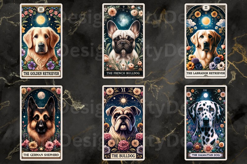 May include: A set of tarot cards featuring different dog breeds. Each card has a dog breed with a floral background and a moon and stars in the sky. The cards are numbered 88, 9, 11, 111, and 12. The breeds are the Golden Retriever, French Bulldog, Labrador Retriever, Dalmatian, and Bulldog.