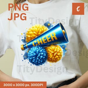 Pompon da cheerleader blu e oro in acquerello, stampati a sublimazione - Design per maglietta da cheerleader - PNG giallo e blu per cheerleader - Clipart per megafono sportivo