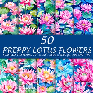Preppy Lotus Muster - 50 Blumen nahtlose Muster - Aquarell Lotus Hintergrund - Scrapbook Papier - Florales Digital Papier - Seerose jpg
