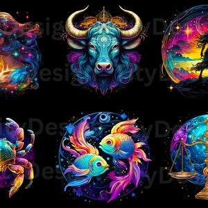 May include: A set of 10 colorful zodiac signs, each with a unique design. The signs are depicted against a black background with a starry sky effect. The signs include: Aries, Taurus, Gemini, Cancer, Leo, Virgo, Libra, Scorpio, Sagittarius, and Capricorn.