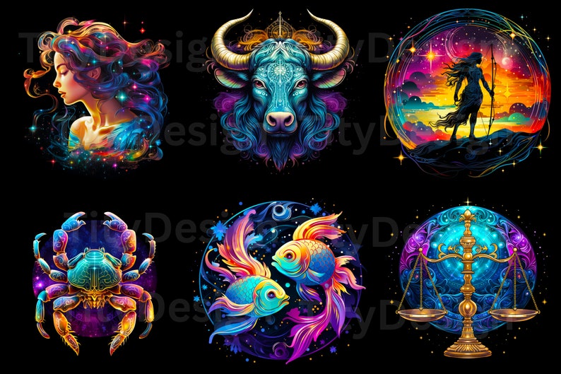 May include: A set of 10 colorful zodiac signs, each with a unique design. The signs are depicted against a black background with a starry sky effect. The signs include: Aries, Taurus, Gemini, Cancer, Leo, Virgo, Libra, Scorpio, Sagittarius, and Capricorn.