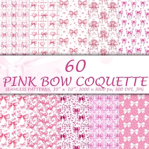 May include: A set of 60 digital seamless patterns featuring pink watercolor bows, hearts, and other romantic elements. The patterns are 10 inches by 10 inches and are 3000 pixels by 3000 pixels in size. The patterns are 300 DPI and are in JPG format.