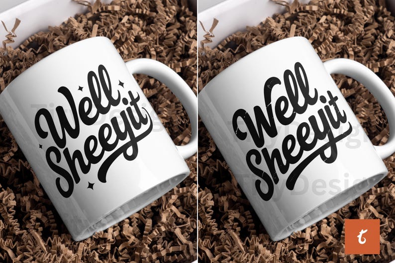 Two white mugs in packaging, each with “Well Sheeyit” design, one with sparkles and one distressed.