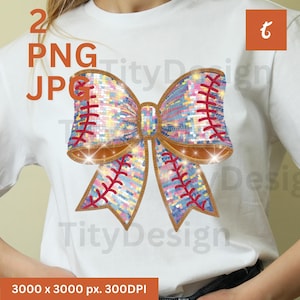 May include: A white t-shirt with a colorful baseball-themed bow on the front. The bow is made of sequins and has red stitching. The text "2 PNG JPG" is in the top left corner of the shirt. The text "Tity Design" is repeated on the shirt.