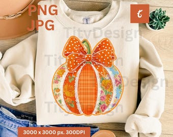 Preppy Floral Fall Pumpkin png, Patchwork Pumpkin, Pumpkin Spice png, Floral Pumpkin png, Trendy Fall png, Fall Coquette png Sublimation