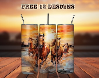 Alcohol Ink Horse 20oz Sublimation Tumbler Designs, Painting Horses png, Watercolor Horse Design, Harem Nature Straight Skinny Tumbler Wrap