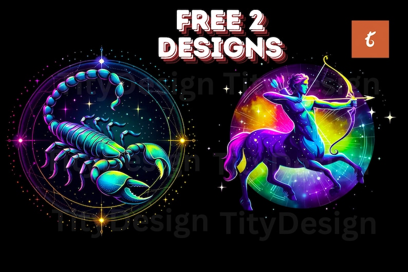 May include: Two colorful zodiac sign illustrations on a black background. The first illustration is a scorpion with a blue and green color scheme. The second illustration is a centaur with a purple and blue color scheme. The text "FREE 2 DESIGNS" is at the top of the image.