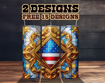 American Flag Stained Glass Tumbler Wrap, Patriotic 20 30oz Skinny Tumbler PNG, USA Independence Day Cup Wrap, Veterans Gift Sublimation