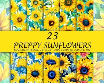 Preppy Sonnenblumen Muster - 23 Sonnenblumen Digitales Papier - Nahtloses Muster - Frühlingsblumenbündel - Vintage Blumenjournal Scrapbooking Seiten