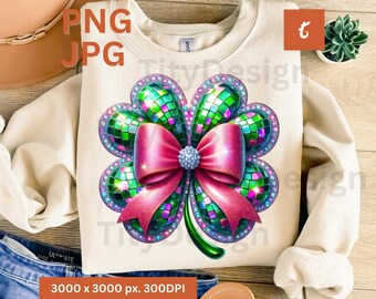 Disco Shamrock St. Patrick’s Day Clipart, Green Lucky Clover PNG, Glitter Sparkle Bow, Irish Party Decor, Sublimation Design