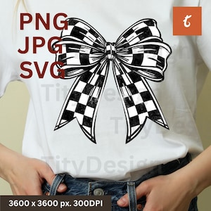 Checkered Bow Clipart - Race Day PNG - Coquette Bow SVG Sublimation - Racing Flag Design - Cheer Bow PNG - Instant Download, Cheerleader