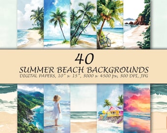 Watercolor Summer Beach Background, Beach Digital Paper, Summer Digital Paper, Scrapbook Paper, Ocean Background, Instant Download