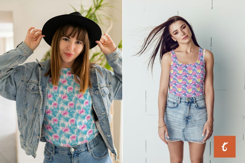 Puede incluir: Dos mujeres vistiendo diferentes estilos de tops con estampado floral. La parte superior de la izquierda es una camisa de manga corta con fondo blanco y flores rosas y azules. La parte superior de la derecha es un top sin mangas con estampado floral rosa y azul sobre fondo blanco.